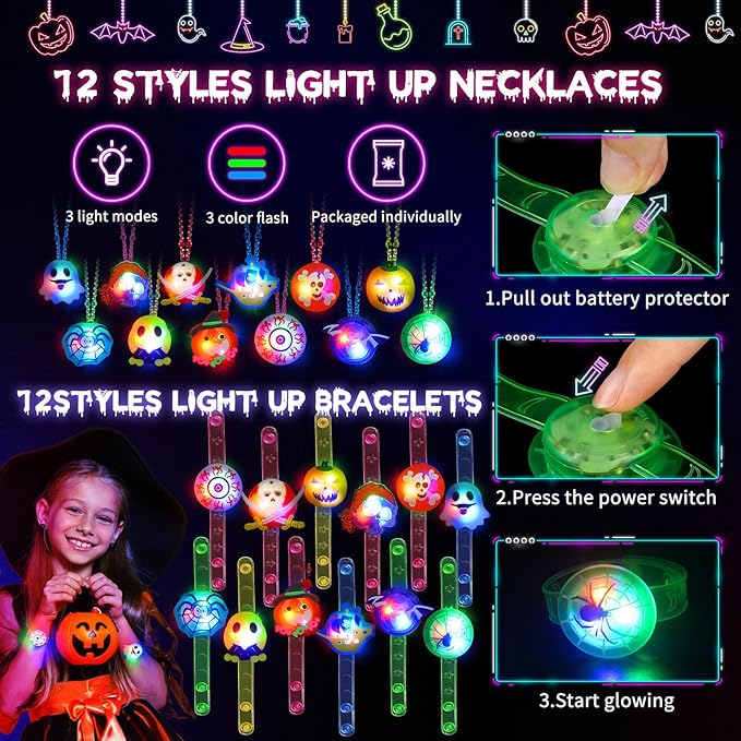 Halloween Party Favors for Kids, 118PCS Halloween Light Up Toys including Necklaces Rings Bracelets Brooches, Glow in the Dark Halloween Toys Bulk, Halloween Goodie Bag Fillers Treats Classroom Favors