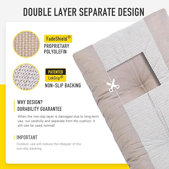 SUNROX LokGrip Non Slip Tufted Memory Foam Bench Cushion, FadeShield Water Resistant Durable Thicken Outdoor/Indoor Bench Seat Pads 48x16x4 inch, Husk Birch