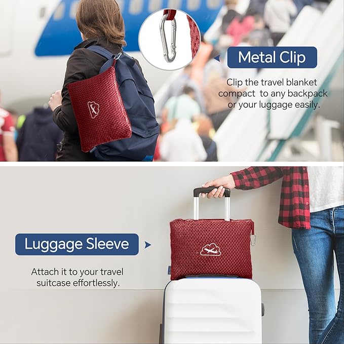 BEDELITE Travel Blanket with Bag, Ultra-Soft Jacquard Fleece Blanket with Luggage Sleeve & Backpack Clip, Airplane Blanket Travel Essentials, Burgundy
