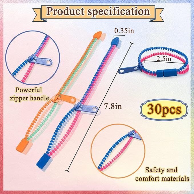 Fidget Toys Zipper Bracelets for Kids 30 Pieces Bulk Sensory Party Favor Friendship Bracelets Gift for Boys Girls Valentine Birthday Party Goodie Bag Fillers Easter Basket Stuffer Gift Fidget Bracelet