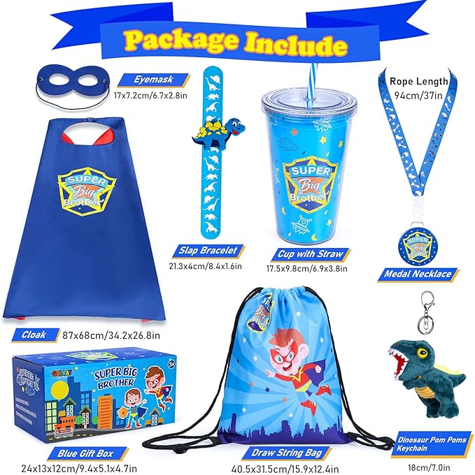 Golray Super Big Brother Gifts Set with Superhero Cape Eyemask Dinosaur Slap Bracelets Necklace, Drawstring Backpack, Plush Keychain, Insulated Plastic Tumbler Cup Big Brother Gift Little Toddler Boy