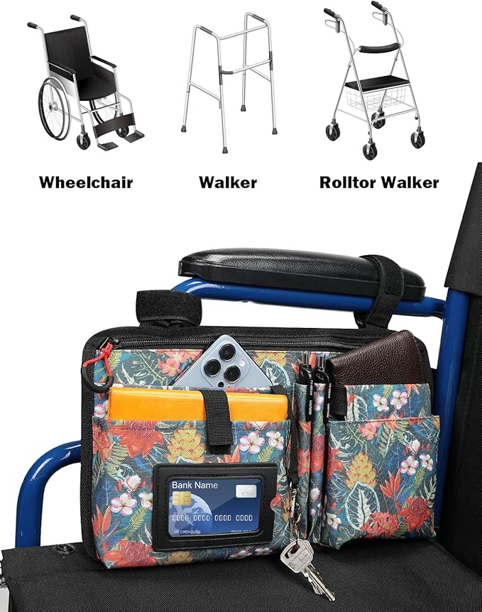 JOYTUTUS Wheelchair Side Bag, Upgraded Walker Pouch Bag with Cup Holder, Wheelchair Armrest Accessories for Walker, Rollator, Electric Scooter Wheelchairs, Ideal Gift for Seniors, Green