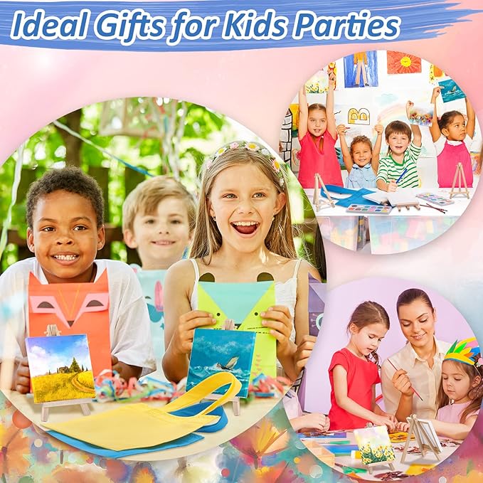 24 Sets 72 Pcs Mini Canvas Easel and Watercolor Paint Set 4 x 4 Inch Canvases for Painting Kids Art Non Woven Bags Washable Watercolors Kids Paint Set for Birthday Painting Art Party Favors Supplies
