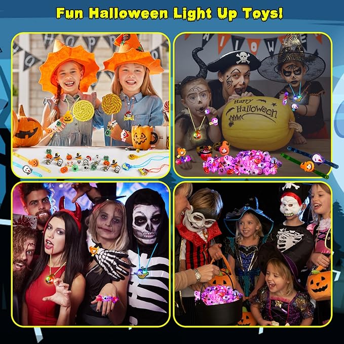 KIMOBER 62PCS Halloween Party Favors for Kids,Glow Rings Necklaces Bracelets,Light Up Halloween Toys Glow in the Dark Party Supplies for Halloween Candy Bag Fillers Decorations