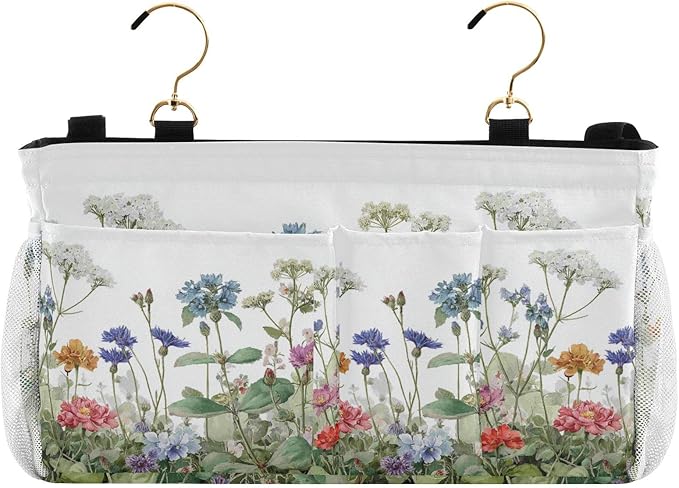 Wildflower Bloom Blue Bedside Caddy for Dorm Bed Bedside Hanging Caddy Bag Iron Frame Storage Organizer Pocket for Bunk Home College Hospital Beds 2 Hooks