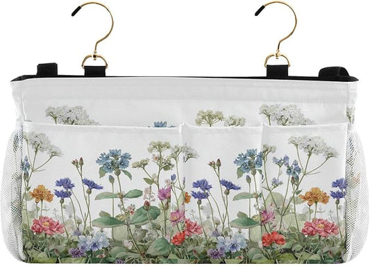 Wildflower Bloom Blue Bedside Caddy for Dorm Bed Bedside Hanging Caddy Bag Iron Frame Storage Organizer Pocket for Bunk Home College Hospital Beds 2 Hooks