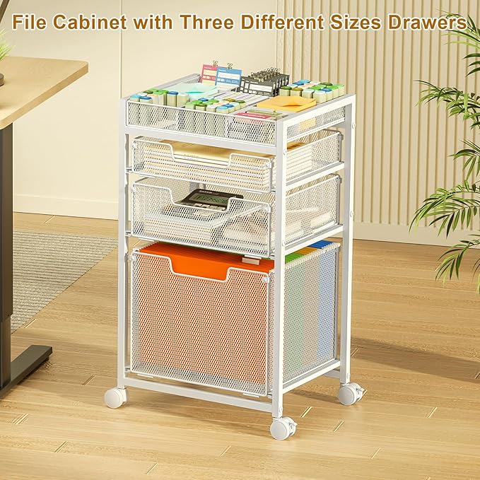 Rolling File Cart with 3 Storage Drawers, Under Desk Filing Cabinet with DIY Divider, Hanging File Folder Organizer on Wheels, Fits A4/Letter Size, Metal Utility Cart for Home Office, White
