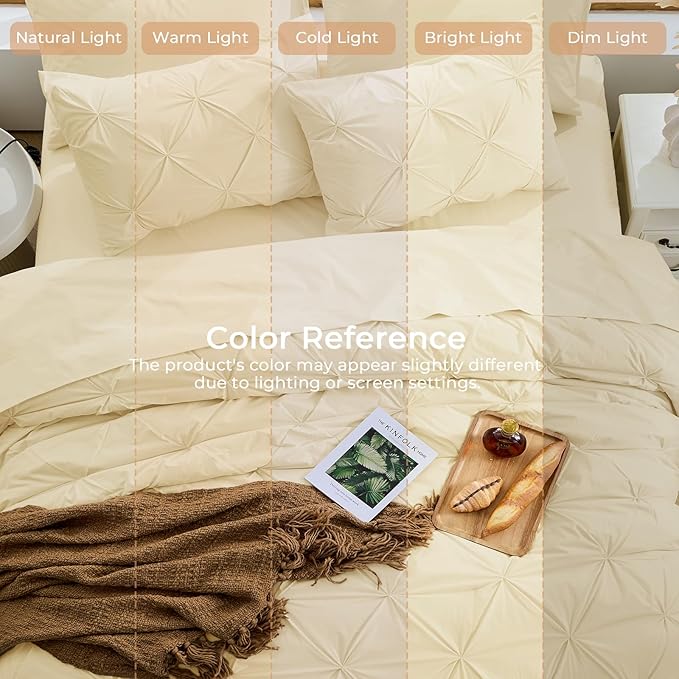 Sasttie Full Size Comforter Set, 7-Piece Bed in a Bag, Pintuck Bedding Set for All Season, Includes Comforter, Flat Sheet, Fitted Sheet, Pillowcases and Pillowshams, Pale Yellow