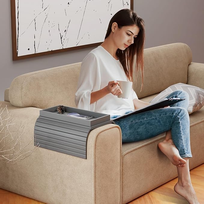 Bamboo Sofa Armrest Tray Table for Couch - 2-in-1 Foldable Couch Arm Table with Be Slide Detachable Tray- Anti-Slip Sofa Armchair Caddy for Drinks Cellphone TV Remote Snacks(Gray)