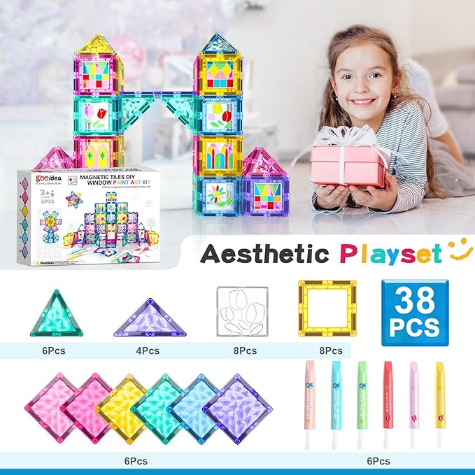 Magnetic Tiles DIY Window Arts and Craft Kit Kids Games Montessori Toys Toddler Kids, Magnet Building Blocks Set for Preschool Learning Classroom STEM Sensory Toys Gift for 3+ Year Old Boys and Girls