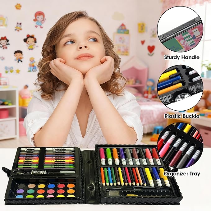 KIDDYCOLOR Kids Art Set, Drawing Art Supplies for Girls & Boys Ages 4-8 with Watercolor Cakes, Oil Pastels, Colored Pencils, Ideal Gift for Young Artist, Black-87pcs