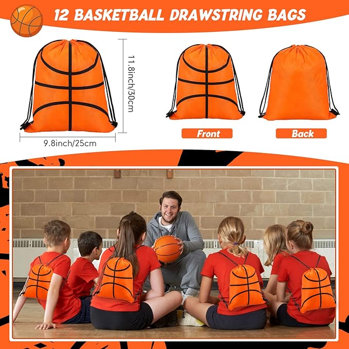 LEIFIDE 48 Pcs Basketball Soccer Football Baseball Party Favors Supplies 12 Silicone Bracelet 12 Drawstring Treat Bag 12 Mini Stress Ball 12 Keychains for Birthday Sports Party Supplies(Basketball)