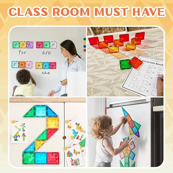 Magnetic Tiles Set, Magnet Tiles Building Blocks with Car Toy Figurines and Stickers, Construction Educational STEM Sensory Toys Gifts for 3 4 5 6 7 8 + Year Old Kids Toddlers Boys Girls