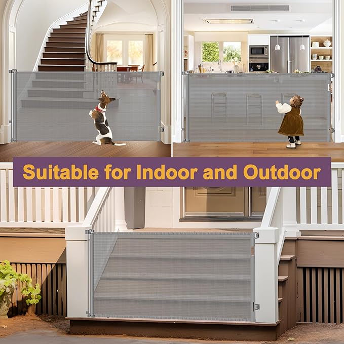 42" Tall X 160" Extra Wide Retractable Dog Gate, Extra Tall Pet Gates for Wide Openings, Extra Long Baby Gates for Doorways Tall Mesh Dog Gate Indoor Child Safety Gate Outdoor Deck Gate, Gray