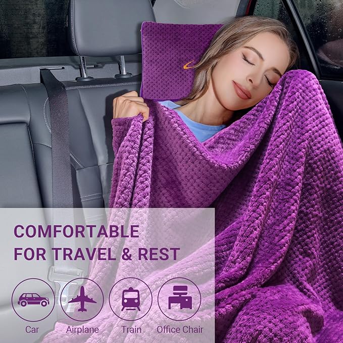 CLEXION Travel Blanket Pillow-Premium Soft 2 in 1 Airplane Blanket for Long Trips Essentials with Bag Pillowcase, Hand Luggage Sleeve and Backpack Clip (Violet)