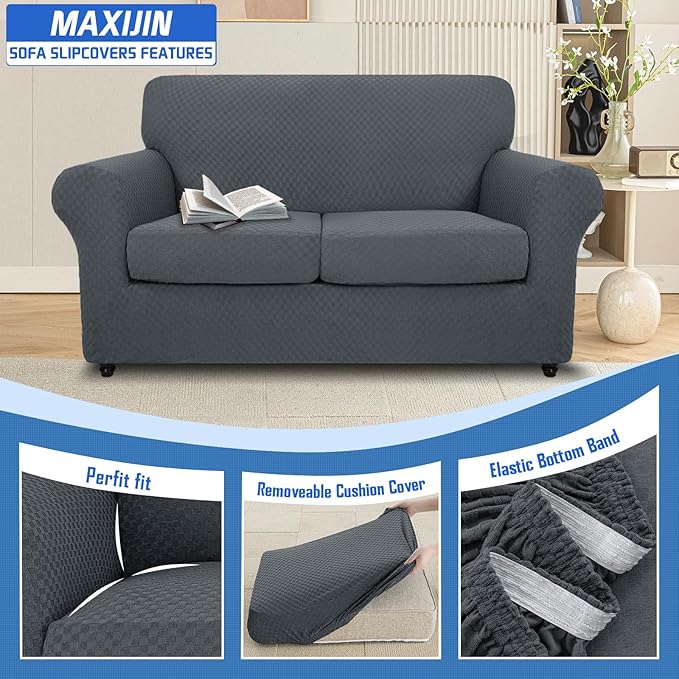 MAXIJIN 3 Piece Jacquard Couch Covers for 2 Cushion Couch Stretch Non Slip Love Seat Couch Cover for Dogs Pet Friendly Elastic Furniture Protector Loveseat Slipcovers (Loveseat, Dark Gray)