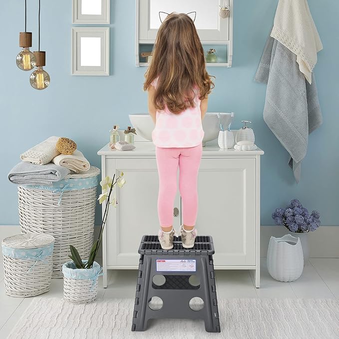 ACKO Folding Step Stool 13 inch Height Premium Heavy Duty Foldable Step Stools for Adults and Kids, Kitchen Plastic Small Collapsible Stepping Stool Hold Up to 300 LB Dot Grey (1 Pack)
