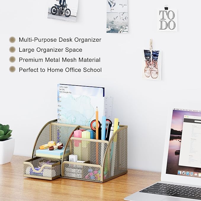 EasyPAG Mesh Desk Organizer with Drawer Multi-functional Pen Holder Stationery Organizer for Office School Supplies 6 Compartments Dorm Organizers and Storage for Desk, Gold