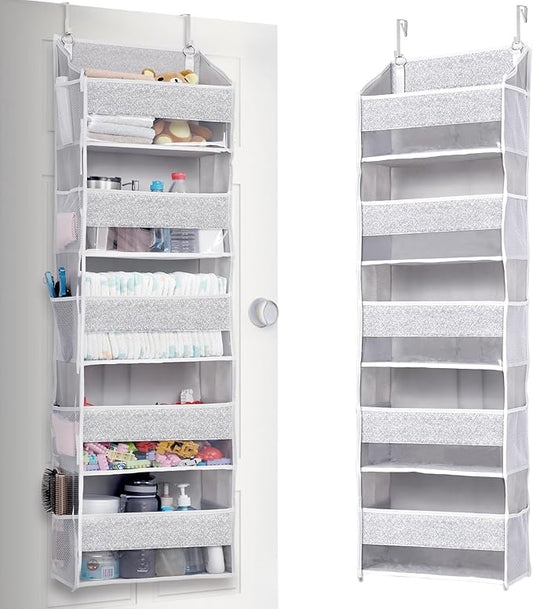 ULG 1 Pack Over Door Organizer with 5 Large Pockets 10 Mesh Side Pockets, Upgraded Linen Texture Over The Door Storage, 44 lbs Weight Capacity Hanging Storage Organizer, Light Gray