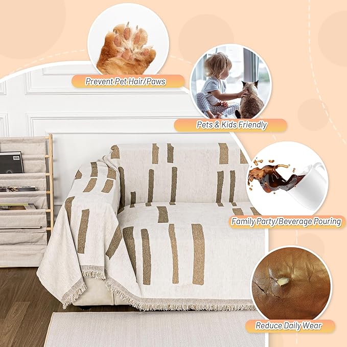 MYSKY HOME Sofa Covers for Sectional Sofa, Couch Cover for Dogs, Couch Covers with Tassel Loveseat Covers Futon Cover L Shaped Cover Washable Chenille Couch Protector, 71" x 118", Khaki Piano Key