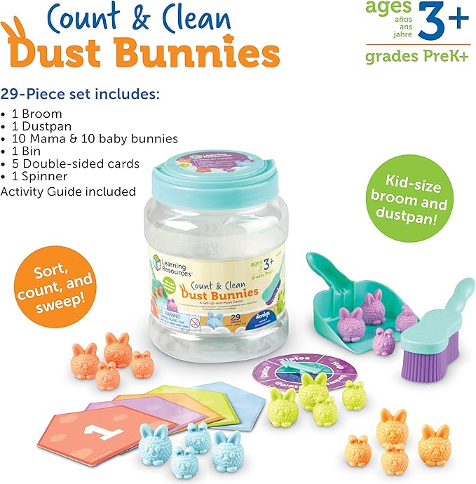 Learning Resources Count & Clean Dust Bunnies, Toddler Activities, Educational Toys Set, Color Teaching Toys, 29 Pieces, Age 3+