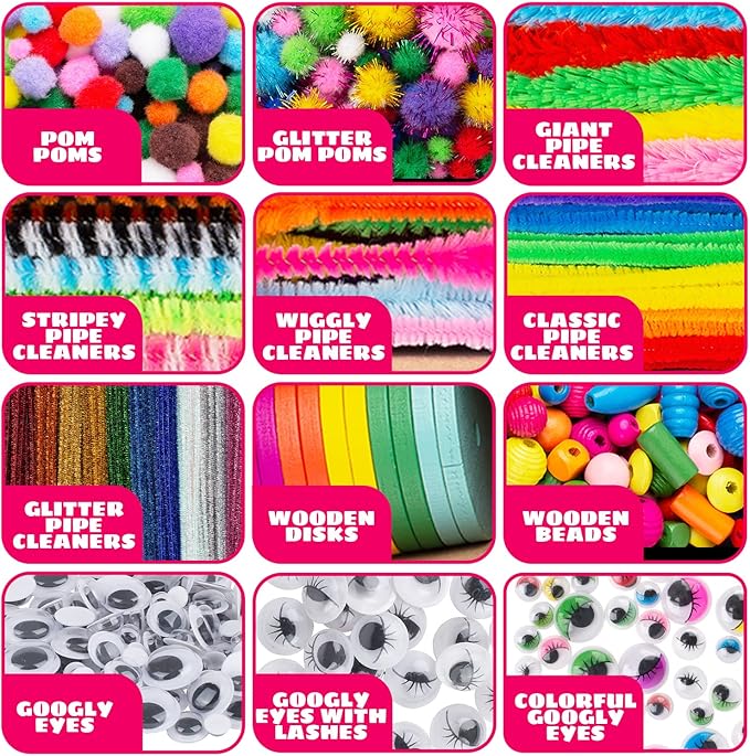 Blue Squid Arts & Crafts Chest - 3000+ pcs Deluxe Craft Supplies Box, 2 Drawers, 18 Compartments, Sturdy Handle - Art Crafting Kit Christmas Gifts for Kids, School Supply for Ages 4 5 6 7 8 9 10 11 12