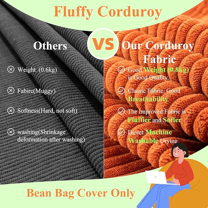 Large Stuffed Animal Storage Bean Bag Chair （No Filler）, 3 ft Giant Heavy Soft Corduroy Bean Bag Cover for Kids Teens & Adults，Round Fluffy Sofa for Home Living Room Bedroom College Dorm