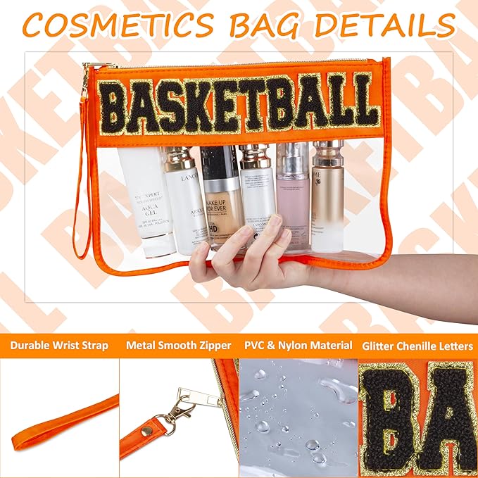 BuyCard 2 Pcs Basketball Gifts Makeup Bag with Chenille Letter Patch, Clear Cosmetic Pouch PVC Organizer Purse, Waterproof Travel Bag, Portable Toiletry Storage Bag for Her Girls Friends Women