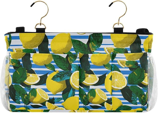 White and Blue Striped Lemons Bedside Caddy for Dorm Bed Bedside Hanging Caddy Bag Iron Frame Storage Organizer Pocket for Bunk Home College Hospital Beds 2 Hooks