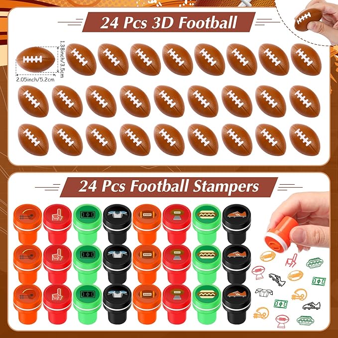 Aoriher 120 Pcs Football Sport Balls Party Favors Set Serve 24, Football Goodie Foam Finger Mini Stress Ball Slap Bracelet Charm Bracelet Stamp for Kids Party Supplies