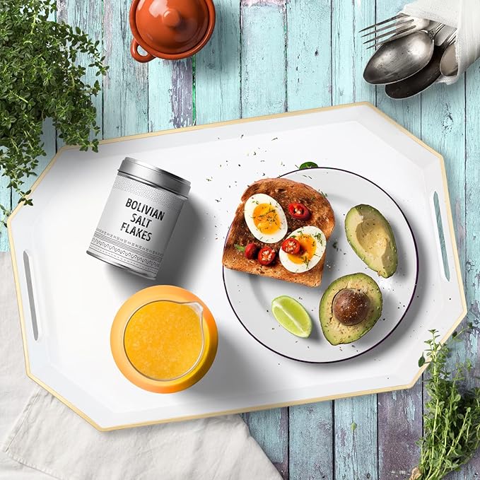 Omuriko White Decorative Tray with Handles, Octagon Versatile Serving Tray for Coffee Table, Ottoman, Ideal for Serving, Displaying, Organizing