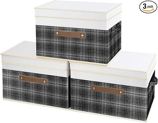 TYEERS Collapsible Storage Bins with Lids, Patchwork Design, Washable, Fabric Storage Boxes, 14.9x9.8x9.8 inches, 3 Pack, Black