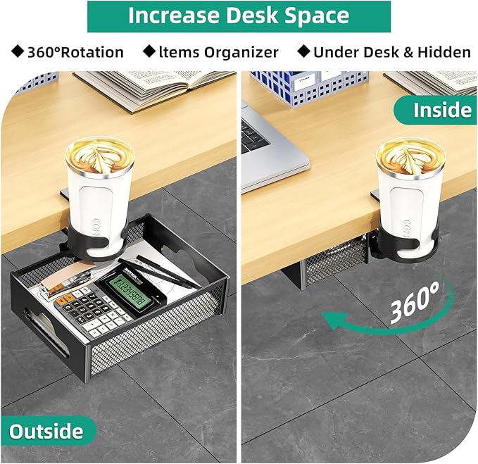Desk Cup Holder with Drawer Organizer, Anti-Spill Clip-On Table Cup Hook with 360° Rotation Hidden Storage Box for Office Home Gaming Table (Black)