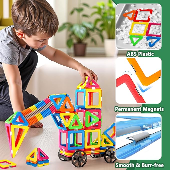 Coodoo Magnetic Tiles with 2 Cars Magnetic Toys for 3 4 5 6 7 8+ Year Old Boys Girls, Magnetic Blocks Building Set for Toddlers STEM Creativity Educational Toys for Kids Age 3-6
