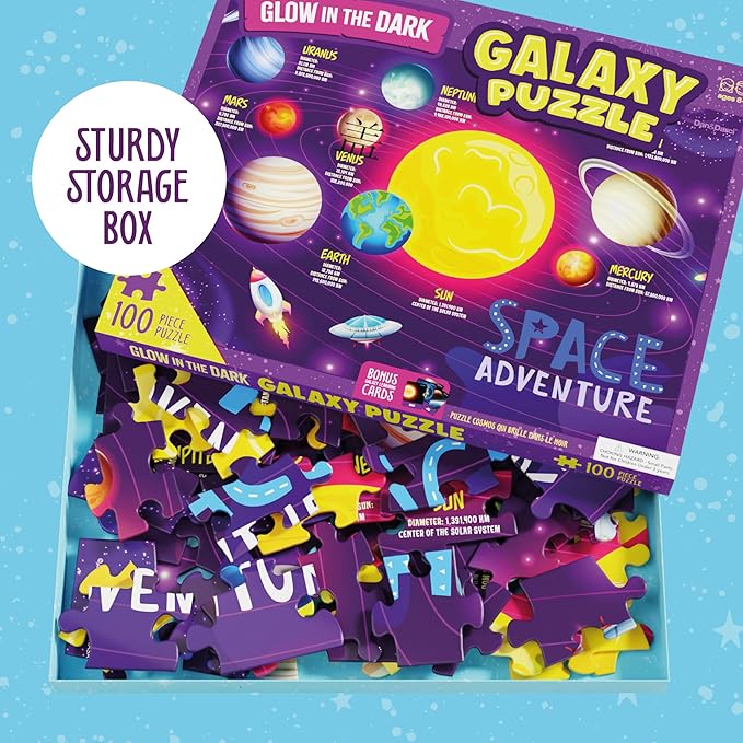 Glow in The Dark 100 Piece Galaxy Puzzle for Kids - Space Jigsaw Puzzles Toys for Boys & Girls Ages 6-8 - Christmas Birthday Gifts for Age 6 7 8 Year Old Toddler Boy Girl Gift - Planet Toy