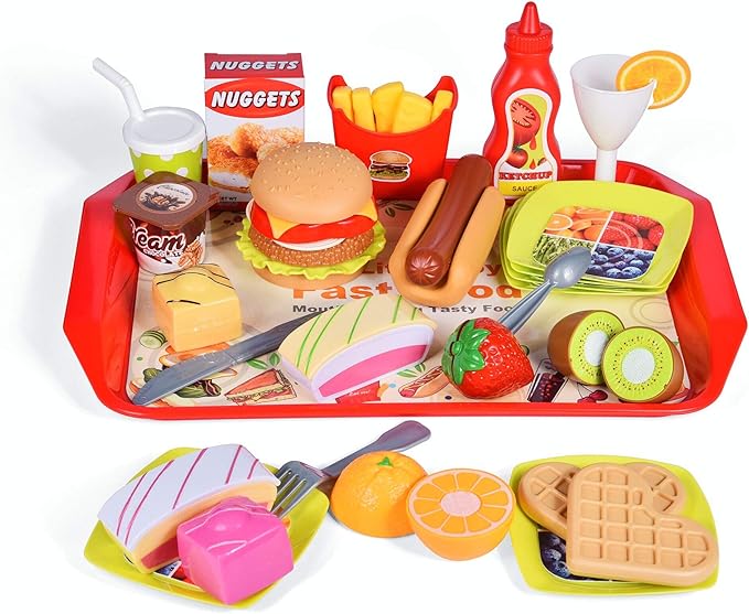 FUN LITTLE TOYS 40PCS Play Food for Kids Kitchen, Play Kitchen Accessories, Toy Foods with Cutting Fruits and Fast Food for Pretend Play, Birthday Gifts