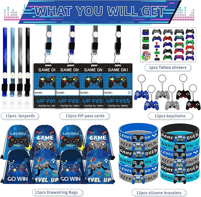 122Pcs Video Game Party Favors, Gamer Party Favors for Boys Includes 13 x 11 Inch Video Game Party Drawstring Bags Bracelets VIP Passes with Lanyards Keychains Tattoo Stickers for Gaming Party Favors