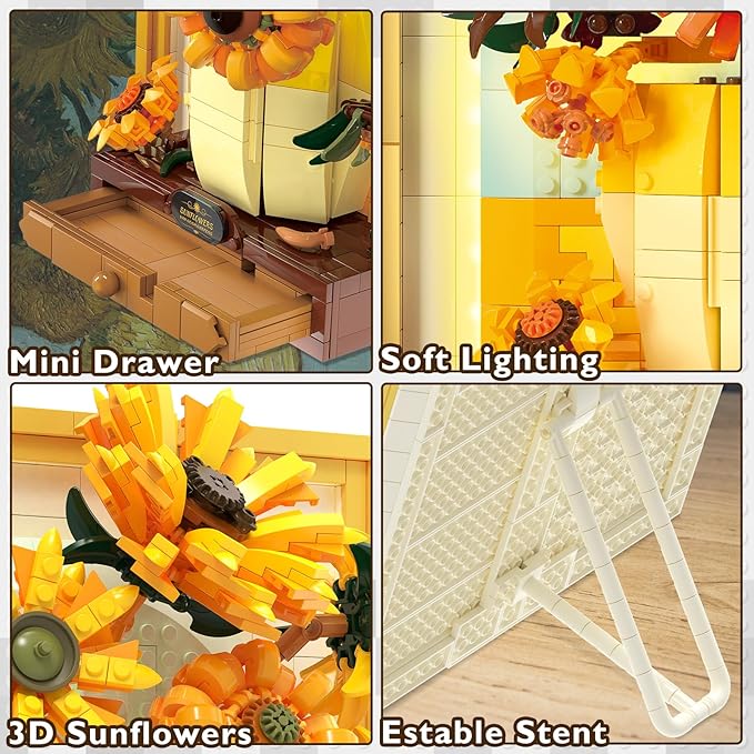 JMBricklayer Flowers Sunflower Building Sets for Adult with Lights 70004, Van Gogh Wall Art Crafts Ideas Flower Bouquet, Painting Frame Room Decor, Valentine’s Day Birthday Gifts for Women Girl