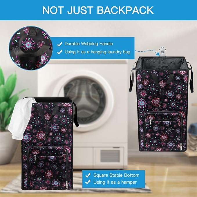 Bukere Laundry Backpack Bag for Women Girls, Extra Large Laundry Basket Hamper for College Dorm Room Essentials, Adjustable Shoulder Straps, Collapsible Freestanding Laundry Bag for Gym, Yacht