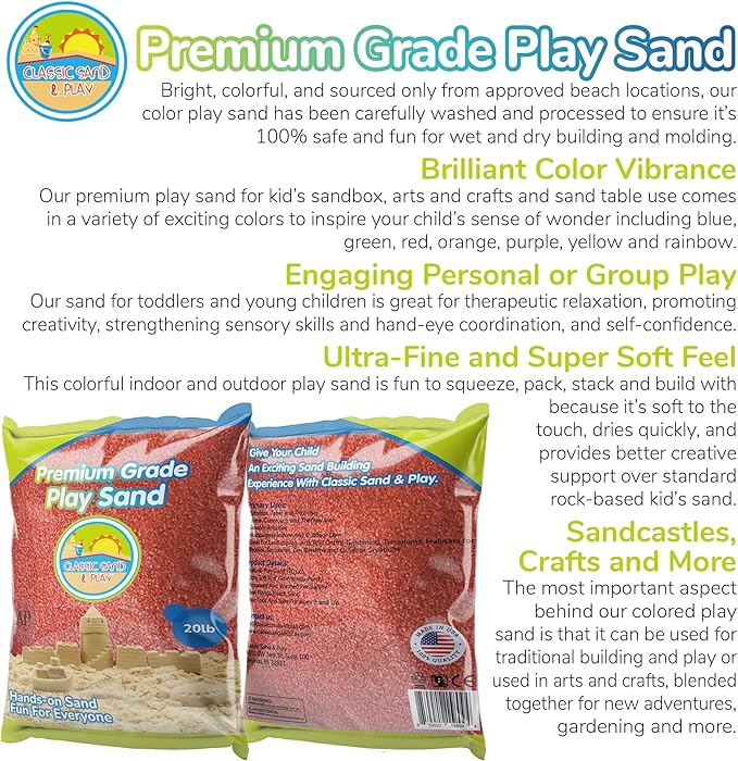 Classic Sand and Play Orange Colored Play Sand, 20 lb. Bag, Natural and Non-Toxic, Fun Wet and Dry Indoor and Outdoor, Sandbox, Therapy, and Table Use, Building, Stimulate Sensory Needs