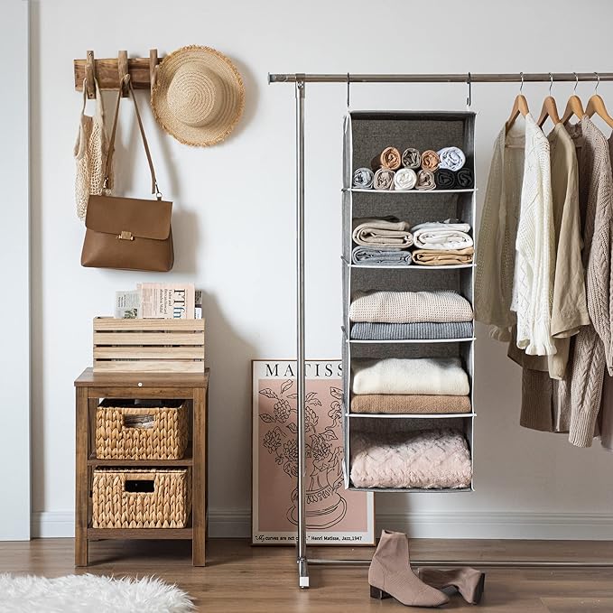 StorageWorks 5-Shelf Hanging Shelves for Closet, Foldable Hanging Closet Organizers with 2 Side Pockets, Portable Clothes Organizers for Bedroom, Wardrobe, 12 1⁄2" D x 15" W x 48" H, Gray