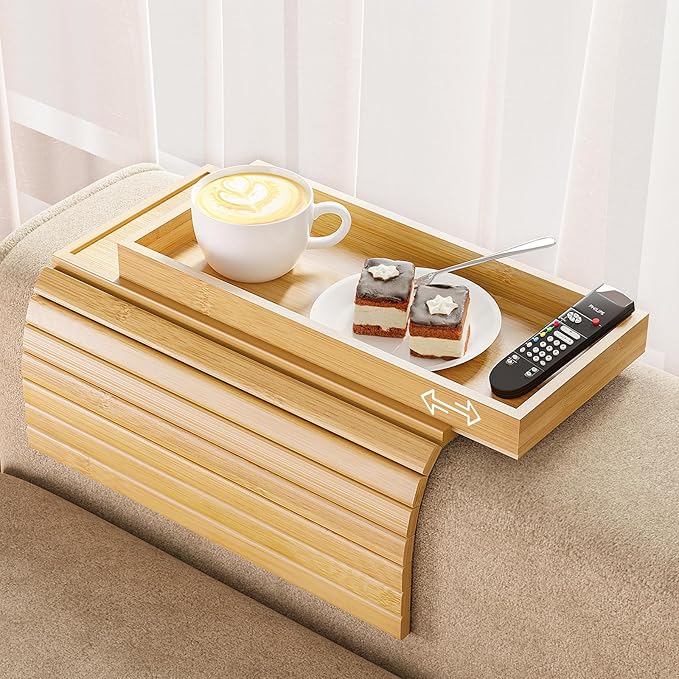 Bamboo Sofa Armrest Tray Table for Couch - 2-in-1 Couch Arm Table with Be Slide Detachable Tray- Anti-Slip Foldable Sofa Armchair Caddy for Drinks Cellphone TV Remote Snacks (Bamboo)