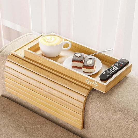 Bamboo Sofa Armrest Tray Table for Couch - 2-in-1 Couch Arm Table with Be Slide Detachable Tray- Anti-Slip Foldable Sofa Armchair Caddy for Drinks Cellphone TV Remote Snacks (Bamboo)