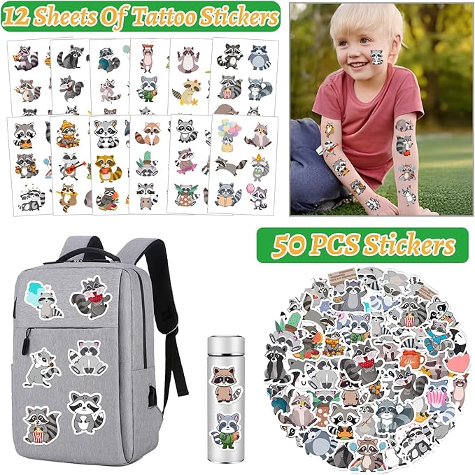 98 PCS Raccoon Party Favors, Raccoon Temporary Tattoos Slap Bracelets Keychains Stickers Badges for Woodland Raccoon Birthday Party Decorations Supplies Gifts for Kids Boys Girls Classroom Rewards