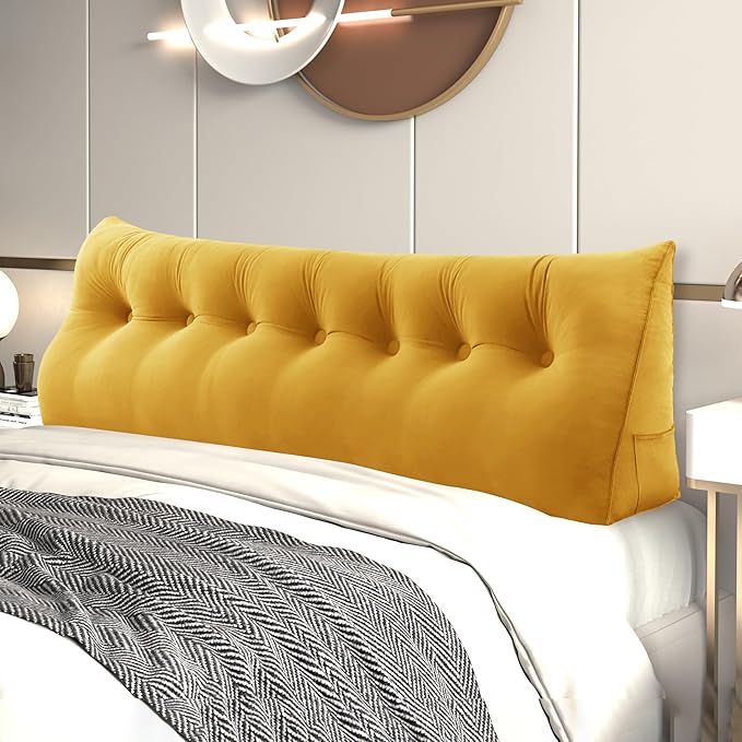 Headboard Wedge Pillow Large Bolster Reading Pillows for Sitting in Bed Adult， Velvet Triangular Cushion Backrest Lumbar Back Support Upholstered Daybed Sit Up Book Pillows（Yellow, King）