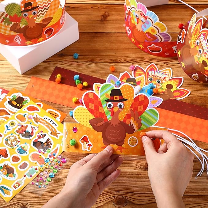 24 Set Thanksgiving Turkey Arts Crafts Kits DIY Thanksgiving Craft Headband Turkey Paper Hat with Pumpkin Fall Leaf Turkey Stickers Gems Eyes Sheets for Thankful Activities Crafts Supplies