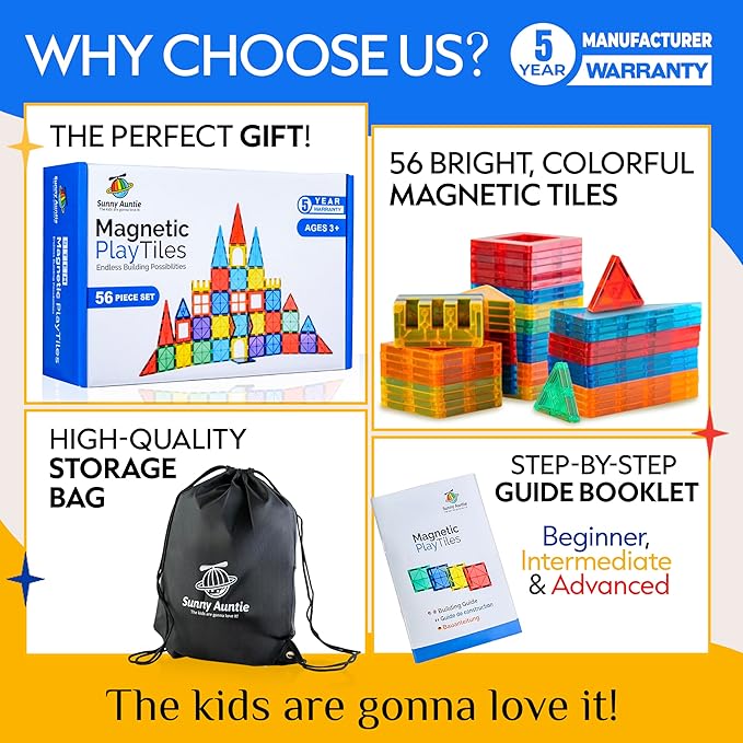 Magnetic Tiles 56 PCS, Magnetic Tiles for Kids & Toddlers Ages 3-8, Magnetic Toy for 3 4 5 6 7 8 Year Old Boys Girls Kids & Toddlers Magnetic Blocks Building Set STEM Toy, Great Gift for Kids aged 3-8