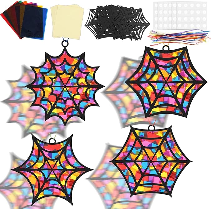 32Pcs Halloween Suncatcher Kit Halloween Window Art DIY Suncatcher Crafts for Kids Spider Web Sun Catcher Craft Stained Glass Effect Tissue Paper Halloween Party Favors Kids Classroom Decor