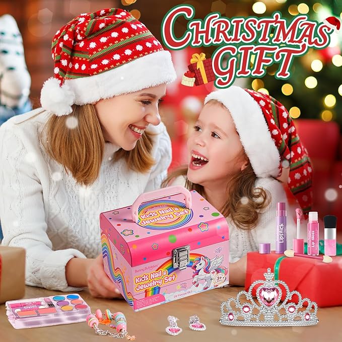 Kids Makeup Kit for Girls, Real Washable Cosmetic Set with Mirror, Jewelry Bracelet Making Kit for Kids Makeup Toy, Kids Makeup Sets for Girls 4 5 6 7 8 9 10 11 12 Years Old Kid (Pink)