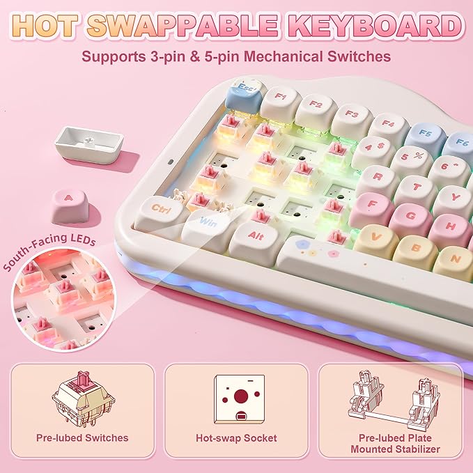 YUNZII C75 Wireless Mechanical Keyboard,75% Layout, Hot-Swappable NKRO,BT5.0/2.4G/USB-C Mode,Dye-Sub PBT MOA Keycaps,RGB Gasket Mount,Cute Cake Design for Mac/Win/Gaming (Beige, Candy Switch)